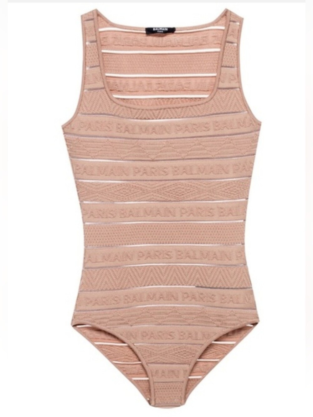 BALMAIN Logo Embossed Striped Knit Bodysuit Beige FR 38 US 6 M Org $1,195